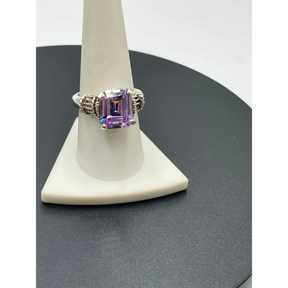 Designer 925 Sterling Silver Large Rectangle Cut‎ Purple Blue Prong CZ Ring Sz 9